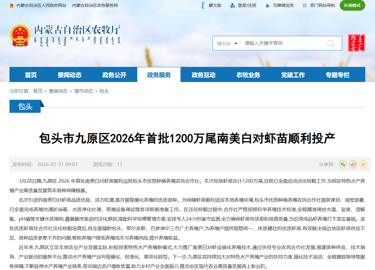 包头市九原区2026年首批1200万尾南美白对虾苗顺利投产